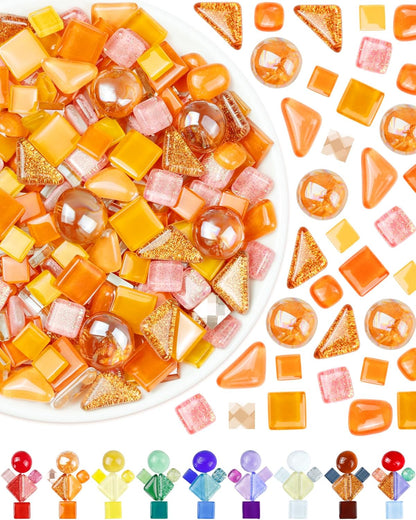 FIVEIZERO 420g Mosaic Tiles for Crafts - 280Pcs Glass Mosaic Kits, Mixed Shapes Mosaic Glass Pieces for Art, Irregular Tiny Mosaic Tile for DIY Projects, Home Decoration(Orange)
