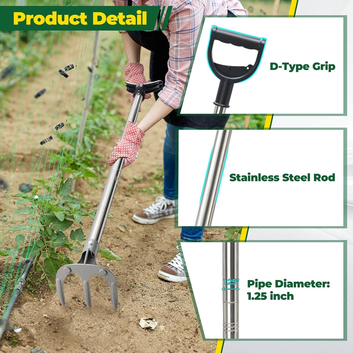 Hand Garden Rake, Adjustable Handle Heavy Duty Garden Cultivator Rake with D-Type Grip for Digging, Weeding, Loosening
