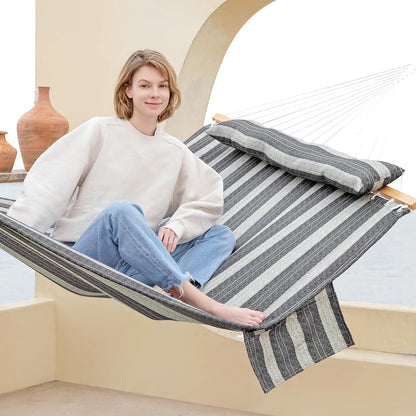 2 Person Hammocks for Outside, Double Quilted Fabric Outdoor Hammock with Spreader Bar, Large Removable Pillow, Storage Pockets, Carabiners, Max 475 lbs Capacity (Slate Grey)