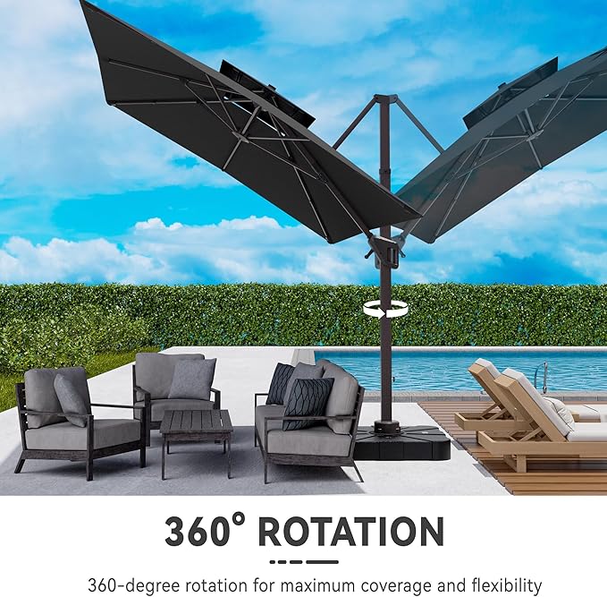 10x13 FT Cantilever Patio Umbrella Double Top Outdoor Rectangular Large Heavy Duty Aluminum Offset Umbrellas with 7 Level Tilt 360-degree Rotation for Pool Garden Deck, Grey