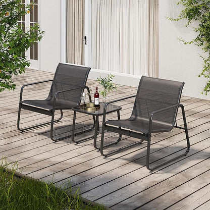 Gizoon Patio Chairs Set of 2, Patio Fumiture Set with Metal Fframe Glass Table, Outdoor Chairs Set of 2 for Balcony Bistro Table and Chair Set for Lawn, Black