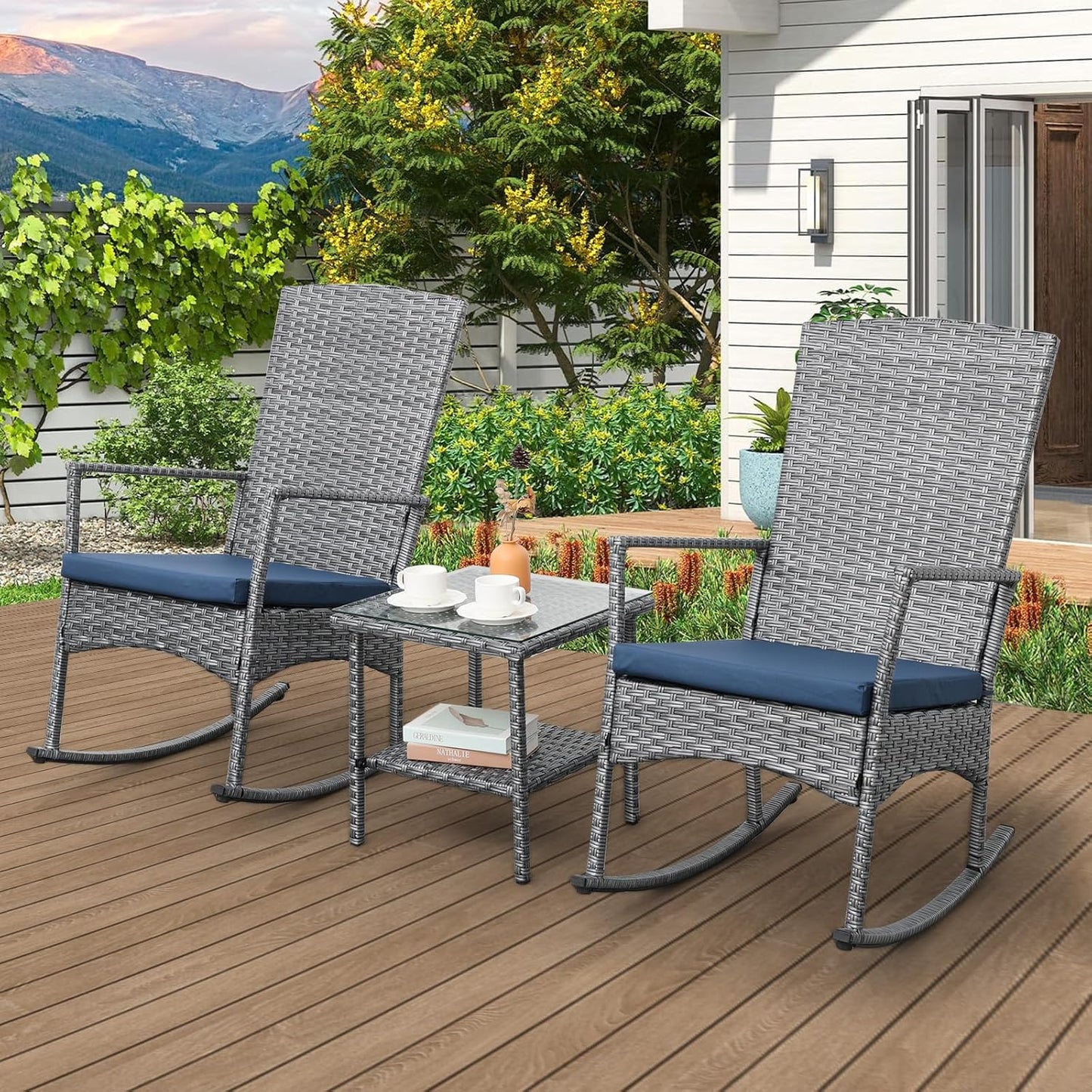 Rocking Chair Outdoor 3 Pieces High-Backed Patio Rocking Chairs Bistro Table and Chairs Set of 2, Navy Blue