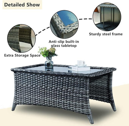 Rilyson Wicker Patio Furniture Sofa Set - 7 Piece Rattan Outdoor Patio Sectional Conversation Sets with 2 Sofa,2 Armrest Chairs,1 Coffee Table and 2 Ottomans for Porch Deck Garden(Mixed Grey/Blue)