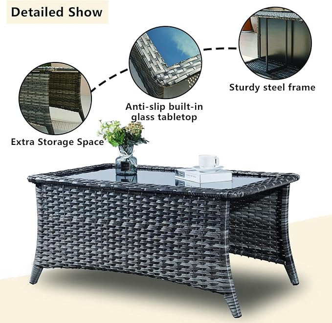 Rilyson Outdoor Patio Furniture Sofa Set - 7 PC Rattan Wicker Patio Sectional Conversation Sets with Sofa,Loveseat,Coffee Table,Armrest Chairs and Ottomans for Porch Deck Garden(Mixed Grey/Red)