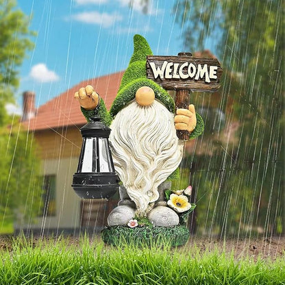Garden Gnome Statue Outdoor Decor Large Flocked Resin Gnome Figurine with Solar Light Holding Lantern Welcome Sign Garden Yard Decorations Dwarf Sculpture for Outside Patio Porch Lawn Decor.