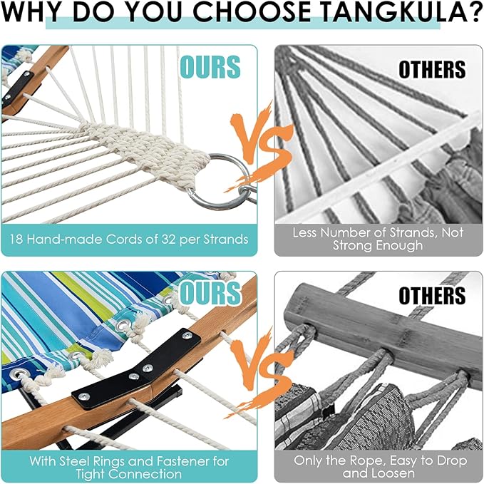 Tangkula 10.5FT Double Hammock, Heavy Duty Outdoor Hammock with Curved Spreader Bars, Detachable Pillow, 2 Person Hammocks for Outside, Porch, Patio (Stand is not Included) (Blue+Green)