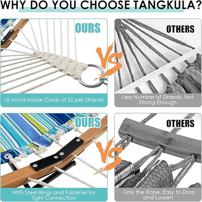 Tangkula 10.5FT Double Hammock, Heavy Duty Outdoor Hammock with Curved Spreader Bars, Detachable Pillow, 2 Person Hammocks for Outside, Porch, Patio (Stand is not Included) (Blue+Green)