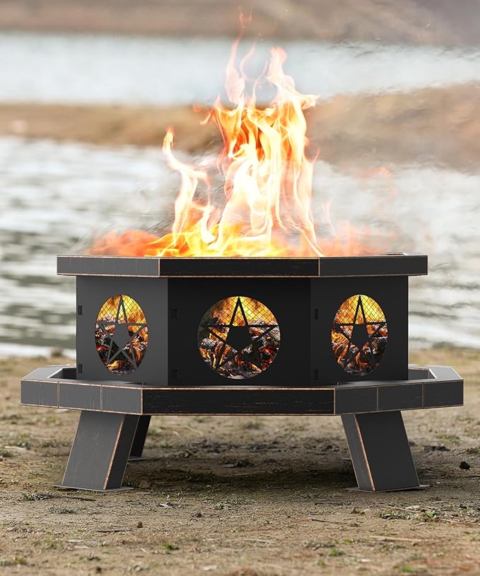 26 inch Fire Pit, Firepits for Outside Wood Burning Fire Pits with Cooking Grill, Outdoor Fire Pit Octagonal Heavy Duty Firepit with Poker for Bonfire, Backyard, Patio, Bronze