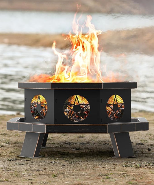 26 inch Fire Pit, Firepits for Outside Wood Burning Fire Pits with Cooking Grill, Outdoor Fire Pit Octagonal Heavy Duty Firepit with Poker for Bonfire, Backyard, Patio, Bronze