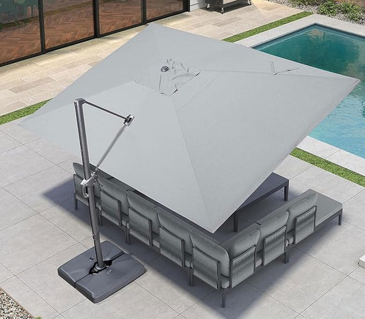 PURPLE LEAF 10' X 13' Rectangle Cantilever Umbrella with Base Outdoor Large Aluminum Patio Umbrella with 3-Year Fade Resistance Recycled Fabric and 360-degree Rotation for Deck Pool, Pebble Grey