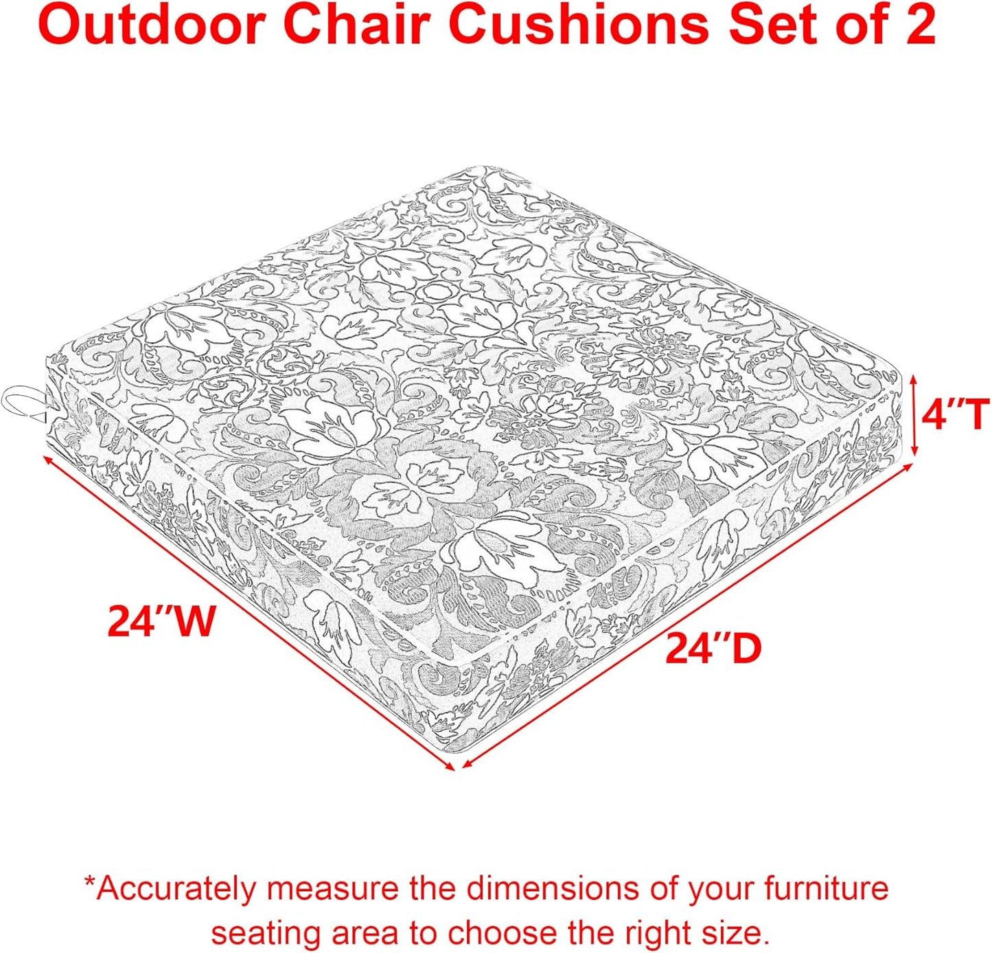 Favoyard Outdoor Chair Cushion 24 x 24 x 4 In Waterproof Pattern Fade Resistant Cushions for Patio Furniture with Removable Cover Attach Straps 28D Foam Insert Cushions Pads for Seat Sofa Couch 2 Pack