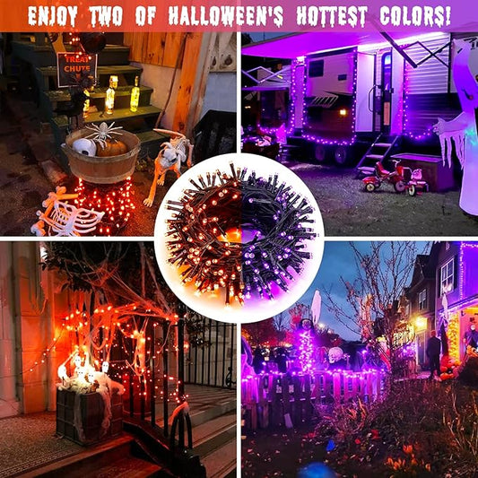 JMEXSUSS Orange and Purple Solar Halloween Lights, 2 Pack 100 Led Color Changing Christmas Lights Outdoor, 33ft 8 Modes Solar String Lights Waterproof for Halloween, Christmas, Tree Decor