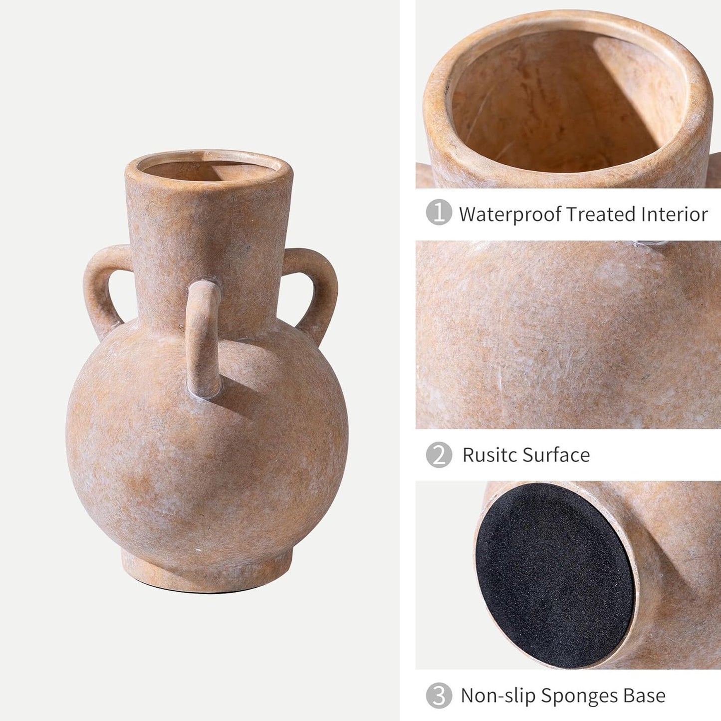 Beige Vintage Terracotta Ceramic Vase with Handles, Rustic Pottery Tulip Vase for Cottage Core Home Mantle Decor, Large Bulk Flower Vases Farmhouse Table Centerpieces, Jarrones Decorativos para Sala