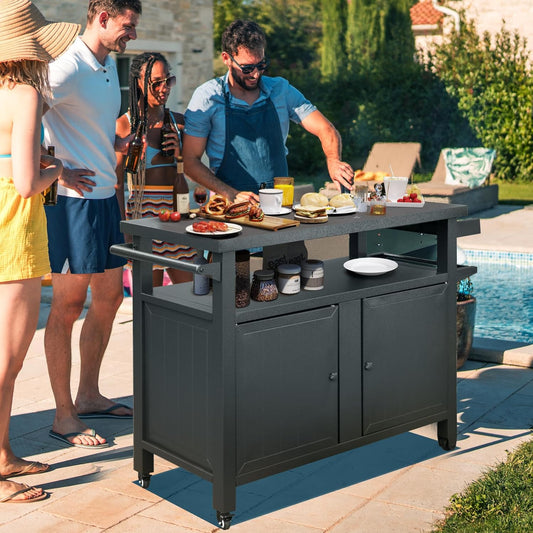 Grill Cart Outdoor with Storage Cabinet, Portable Rolling Patio Bar Cart with Wheels, BBQ Prep Table, Movable Stainless Steel Kitchen Island Dining Cart for Food/Drink/Cooking -Grey