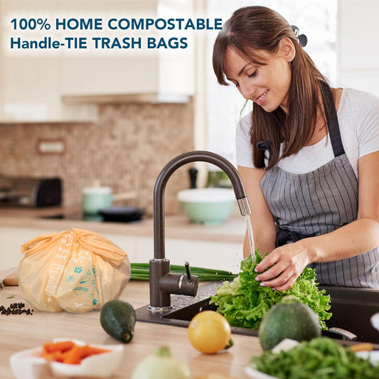 1.6 Gallon Compostable Handle Tie Garbage Bags, Small Trash Bags for Countertop Bin, Extra Thick 0.63 Mils, Certified US BPI ASTM D6400, 6 Liter, 100 Count