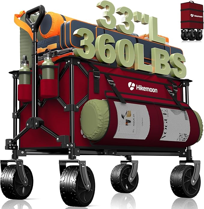 150L Collapsible Wagons Carts Foldable, 360LBS Heavy Duty Folding Beach Cart with Big All-Terrain Wheels, Portable Utility Wagon for Grocery, Shopping, Garden, Sports, Red