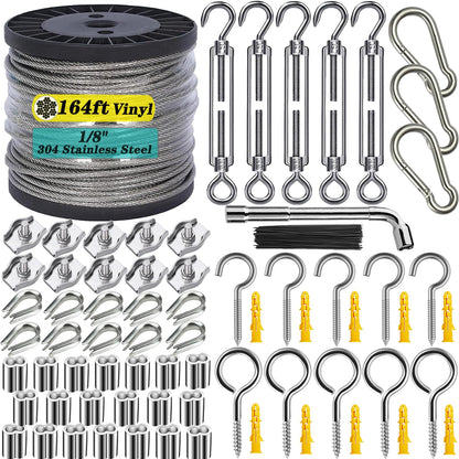 1/8" Wire Rope Kit with M5 Turnbuckles - 164FT Vinyl Coated Stainless Steel Cable, 7x7 Braided Strands Aircraft Cable for Climbing Plants, Outdoor String Lights Hanging