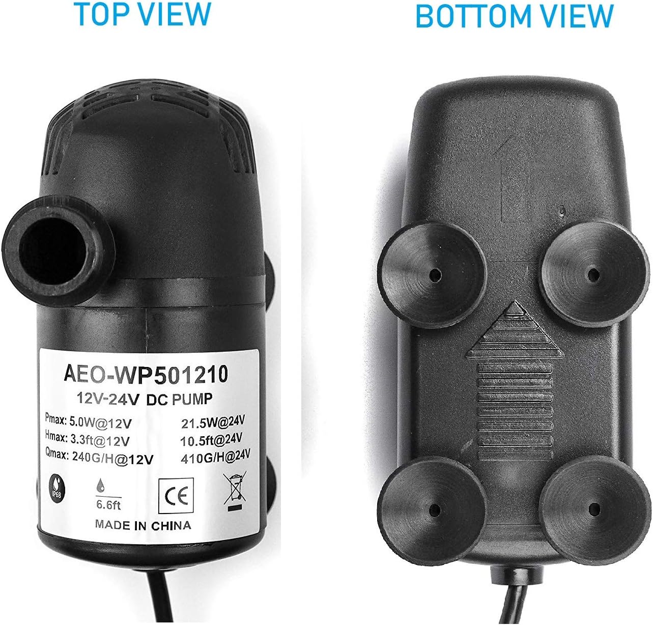 12V - 24V DC Brushless Submersible Water Pump, 410GPH, for Solar Fountain, Fish Pond, and Aquarium