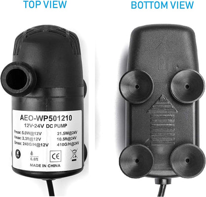 12V - 24V DC Brushless Submersible Water Pump, 410GPH, for Solar Fountain, Fish Pond, and Aquarium