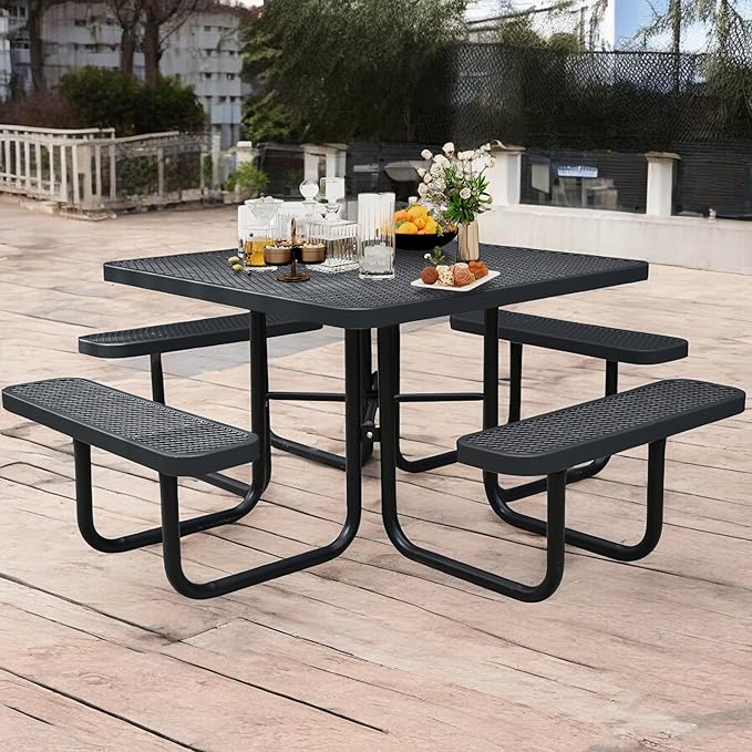46" Square Picnic Table W/Benches,Heavy Duty Metal Picnic Table Set with 2in Umbrella Hole, 1600 lb Capacity,Commercial Dining Table Furniture for Yard Patio Lawn Party Coffee Shop