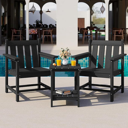 SERWALL 3 Pieces Patio Bistro Set, All Weather Adirondack Chair Set with Side Table, HDPE Material Outdoor Patio Furniture Set for Balcony, Porch, Garden, Backyard- Black