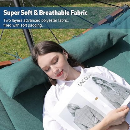 TegerDeger 12FT 2 Person Hammock with Stand Included 55 x 79IN Large Hammock 450LB Capacity with Hardwood Spreader Bar & Nylon Rope for Outside, Patio, Garden, Backyard, Beach, Poolside - Dark Green