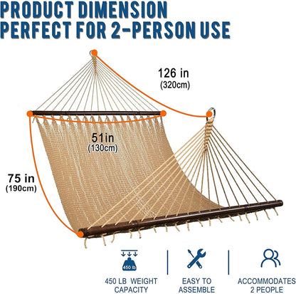 Lazy Daze Hammocks 10.5 FT Double 2 Person Caribbean Rope Hammock, Hand Woven Polyester Hammock with Spreader Bars, for Outside Outdoor Backyard Patio Poolside,450 LBS Capacity, Tan