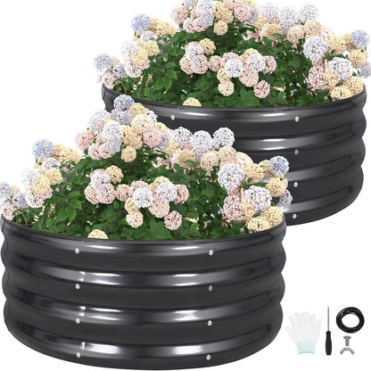 G GOOD GAIN Round Raised Garden Bed - 2Pcs 3x3x1ft Galvanized Steel Planter Boxes Outdoor with Rubber Edge Trim | Metal Raised Beds for Gardening Vegetables Flowers Fruits Herbs (Dark Grey)