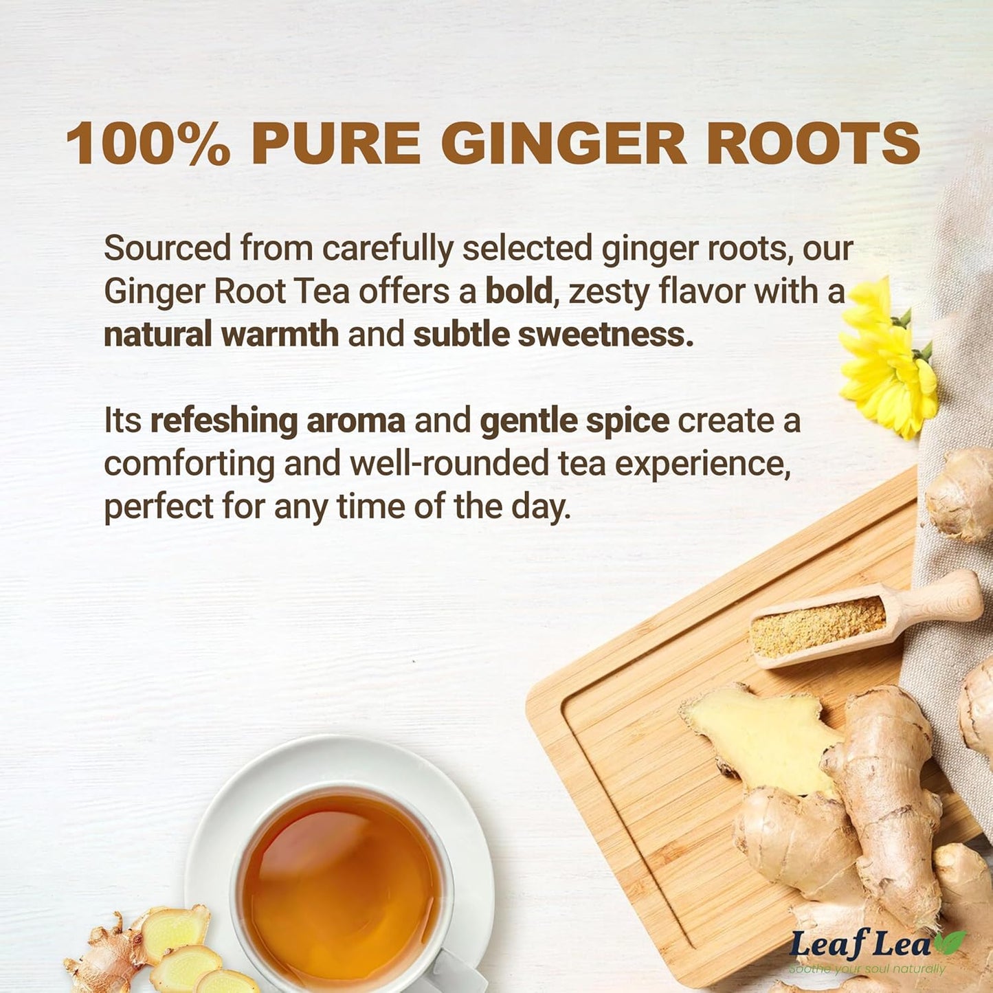 LeafLea 100% Pure Ginger Root Tea Bags – Spicy & Warming Herbal Tea, Supports Digestion & Immune Health, Individually Wrapped, Non-GMO, Caffeine Free, Sugar Free, No Gluten