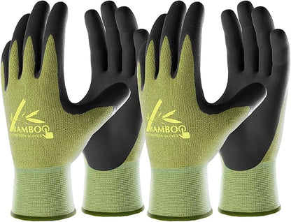 COOLJOB 2 Pairs Gardening Gloves for Women and Men, Bamboo Working Gloves Touchscreen, Grippy Nitrile Rubber Coated Work Gloves, Green/Black, Large Size (2 Pairs L)