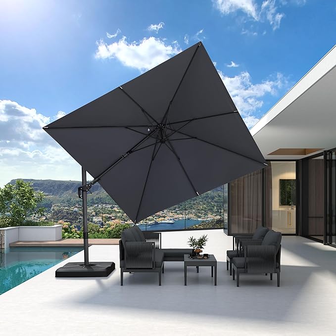 PURPLE LEAF 9.8' X 9.8' Left-right Tilting Patio Umbrella Outdoor Cantilever Swivel Square Umbrella Aluminum Offset Umbrella with 360-degree Rotation for Garden Deck Pool Patio Light Grey