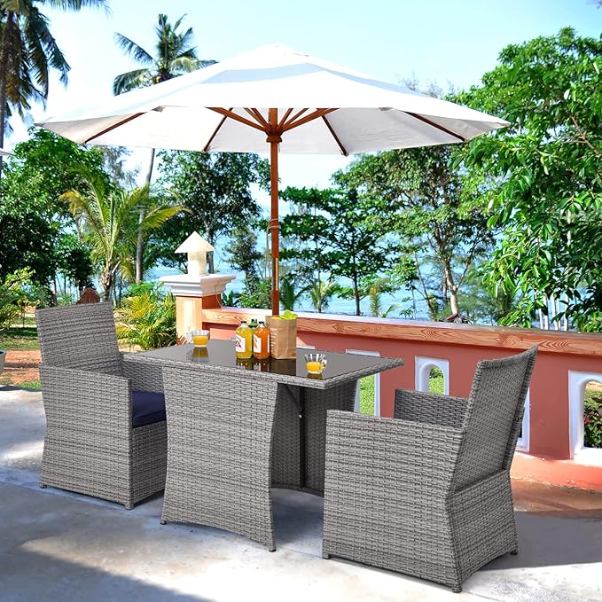 HAPPYGRILL 3PCS Outdoor Wicker Bistro Set Space-Saving PE Rattan Dining Table Set with Cushioned Chairs, Patio Conversation Set for Backyard Porch Garden and Poolside