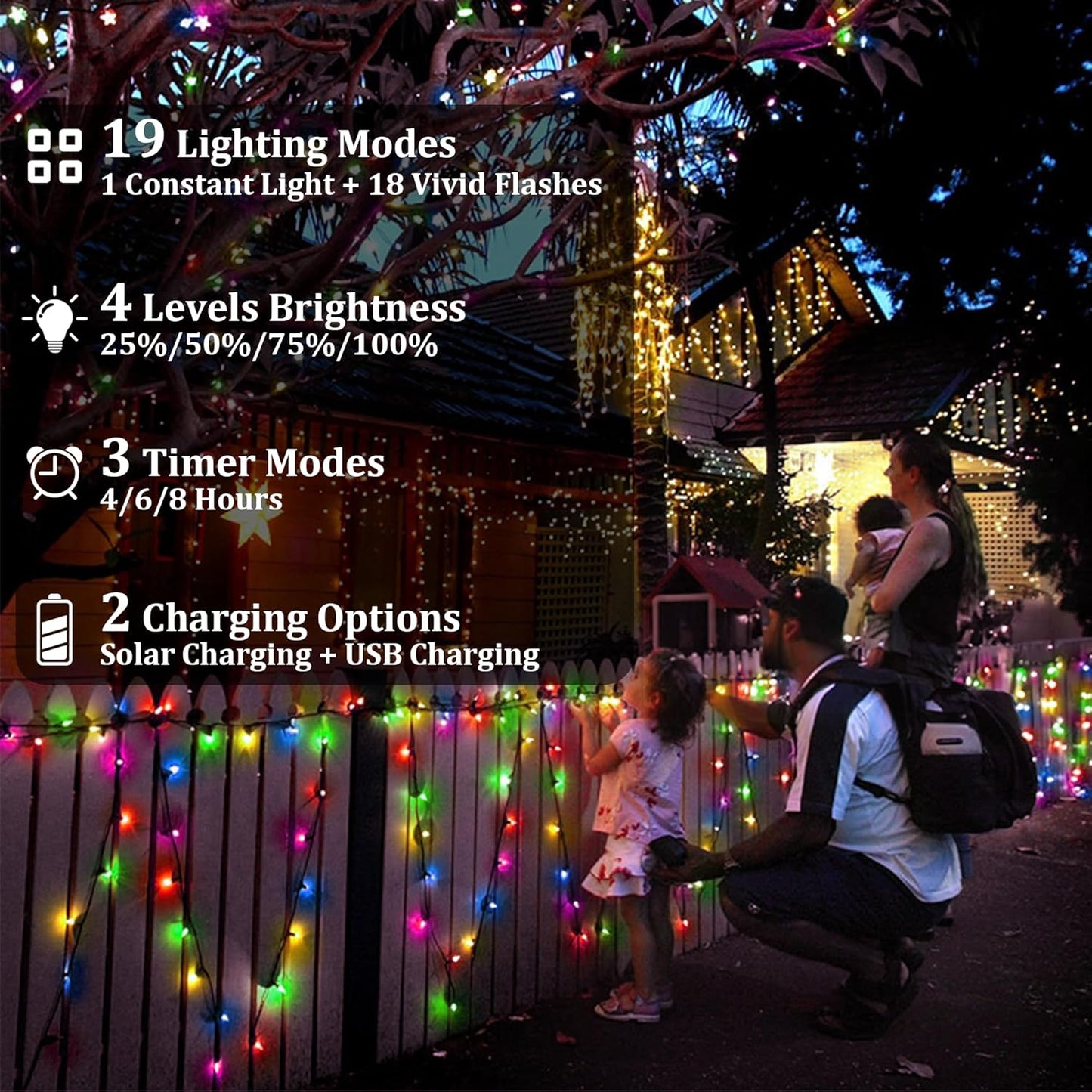 2-Pack 200FT Solar String Lights for Outside, 600 LED Extra-Bright Outdoor with 19 Modes & Timer, Waterproof Fairy Lights for Garden Patio Tree Christmas Decorations (Multicolor)