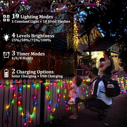 2-Pack 200FT Solar String Lights for Outside, 600 LED Extra-Bright Outdoor with 19 Modes & Timer, Waterproof Fairy Lights for Garden Patio Tree Christmas Decorations (Multicolor)