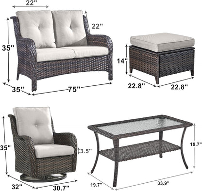 Outdoor Wicker Patio Furniture Set - 6 Piece Rattan Patio Conversation Set with 2 Rocking Swivel Chairs,2 Ottomans,1 Loveseat and 1 Coffee Table for Porch Deck Backyard Garden(Brown/Beige)