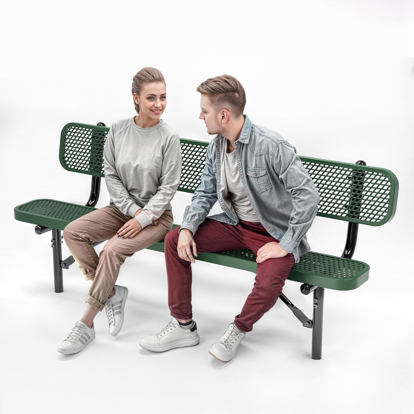 Heavy-Duty Outdoor Metal Bench, Thermoplastic-Coated, Inground, Weatherproof, Commercial-Grade for Parks, Gardens, Patios, Stores & More (6 Ft - Inground with Back, Green)