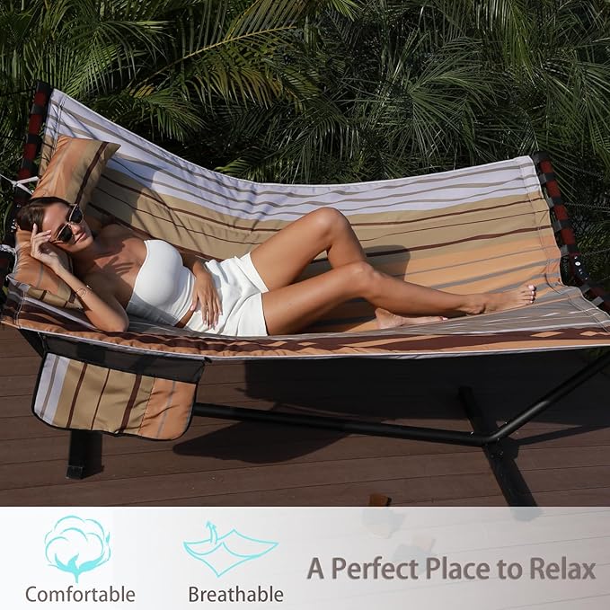 TegerDeger 12FT 2 Person Hammock Large Hammock 450LB Capacity with V Shaped Hardwood Spreader Bar & Nylon Rope for Outside, Patio, Garden, Backyard, Beach, Poolside - Fall Yellow Stripes