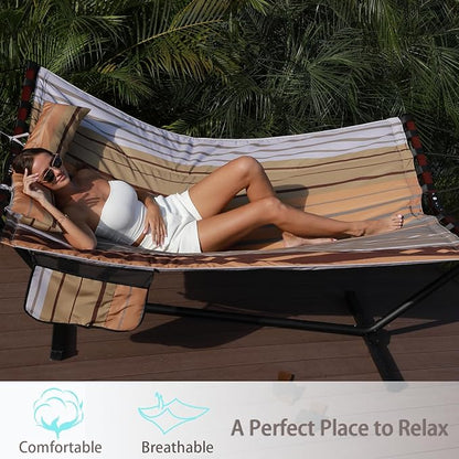 TegerDeger 12FT 2 Person Hammock Large Hammock 450LB Capacity with V Shaped Hardwood Spreader Bar & Nylon Rope for Outside, Patio, Garden, Backyard, Beach, Poolside - Fall Yellow Stripes