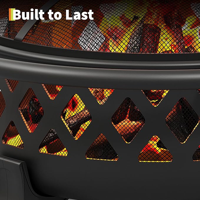 37 Inch Outdoor Fire Pit with Poker, Wood Burning Fire Pit with Spark Screen Cover, Firepits for Outside Backyard, Patio, Camping