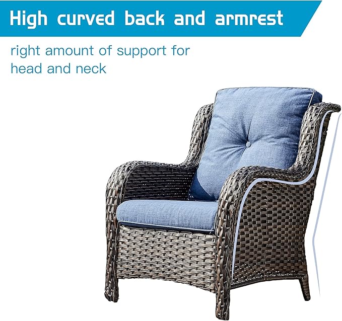 Rilyson Outdoor Wicker Patio Chairs Set of 2: High Back, Deep Seating, Wide Armrest, Thick Comfort Cushions, Ideal for Porch Deck Backyard Garden(Brown/Blue)