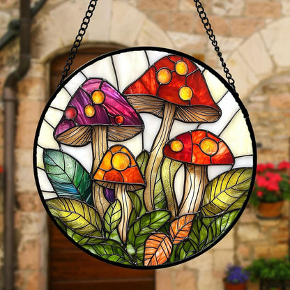 Stained Glass Window Hanging, Mushroom Leaves Suncatcher for Doors Home Sun Catchers Decoration and Christmas, Mother's Day Birthday Gifts for Women, Men, and Mom 6.3 in