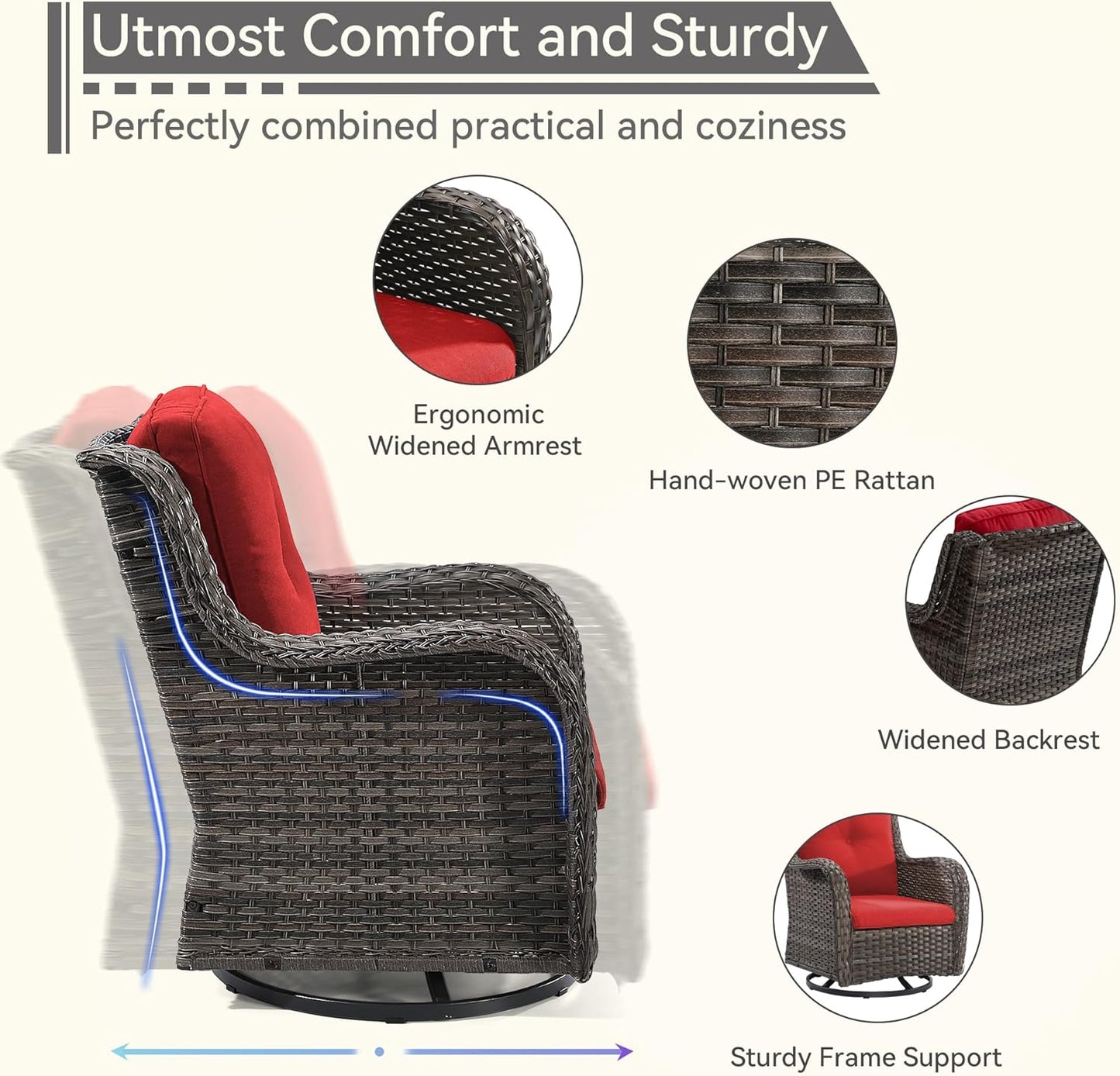 Outdoor Swivel Rocker Patio Chair - Outdoor Wicker Patio Glider Chair with Olefin Fabric Cushions Suitable for Backyard Deck and Porch, Red