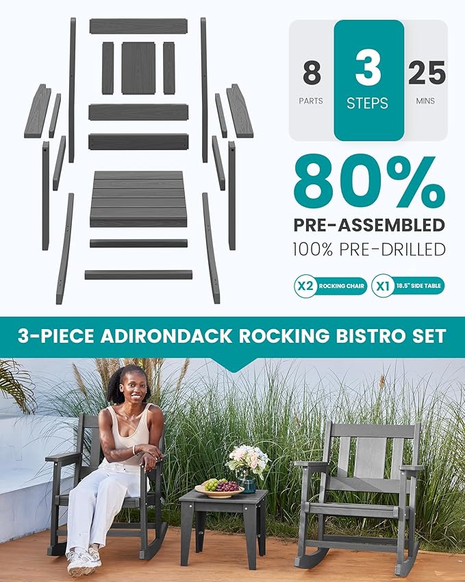 SERWALL 3 Piece Rocking Bistro Set, Patio Furniture Set with 2 Outdoor Rocking Chairs and 1 Side Table for Backyard,Porch, Poolside, Balcony, and Garden- Grey