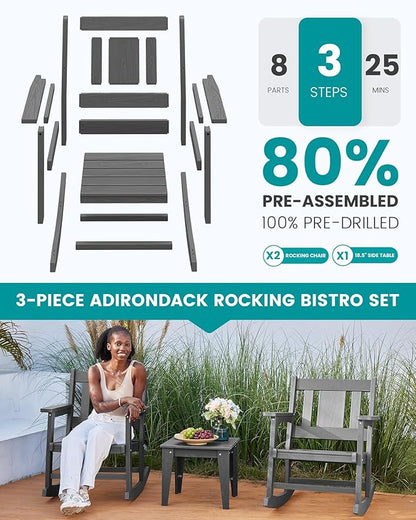 SERWALL 3 Piece Rocking Bistro Set, Patio Furniture Set with 2 Outdoor Rocking Chairs and 1 Side Table for Backyard,Porch, Poolside, Balcony, and Garden- Grey