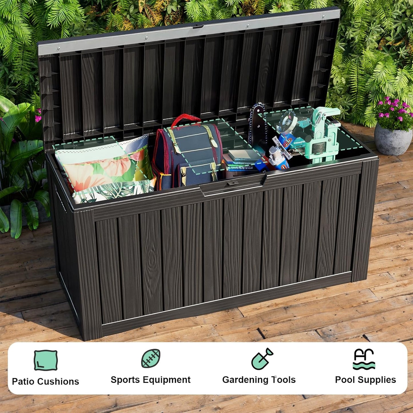 86 Gallon Outdoor Deck Box,Storage Lockable Waterproof Patio Furniture,Garden Tools,Cushions,Pool Accessories Outside Storage Resin Box(Black)