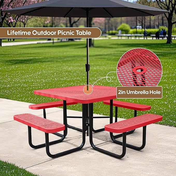 46" Square Picnic Table for Outside,Heavy Duty Metal Picnic Table Bench Set with 2in Umbrella Hole, 1600 lb Capacity,Commercial Dining Table Furniture for Garden Yard Patio Party Coffee Shop