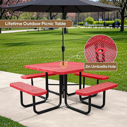 46" Square Picnic Table for Outside,Heavy Duty Metal Picnic Table Bench Set with 2in Umbrella Hole, 1600 lb Capacity,Commercial Dining Table Furniture for Garden Yard Patio Party Coffee Shop