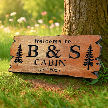 Custom Wooden Carved Cabin Sign, Personalized Outdoor Sign with Pine Trees, Camp Sign, Weekend Camping, Lake House Sign, Cottage Sign, Backyard Sign