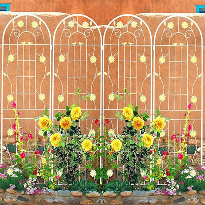4 Pack Metal Garden Trellis 86.7" H Garden Fence Rustproof Trellis Cream White for Climbing Plants Support Roses Flower Cucumber Outdoor Lawn, White