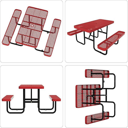48'' Rectangular Metal Picnic Table for Outdoors,Heavy-Duty Portable Commercial Picnic Tables Bench Set with Umbrella Hole,School Canteen Table W/Seats - Patio Dining Furniture for Patio Garden